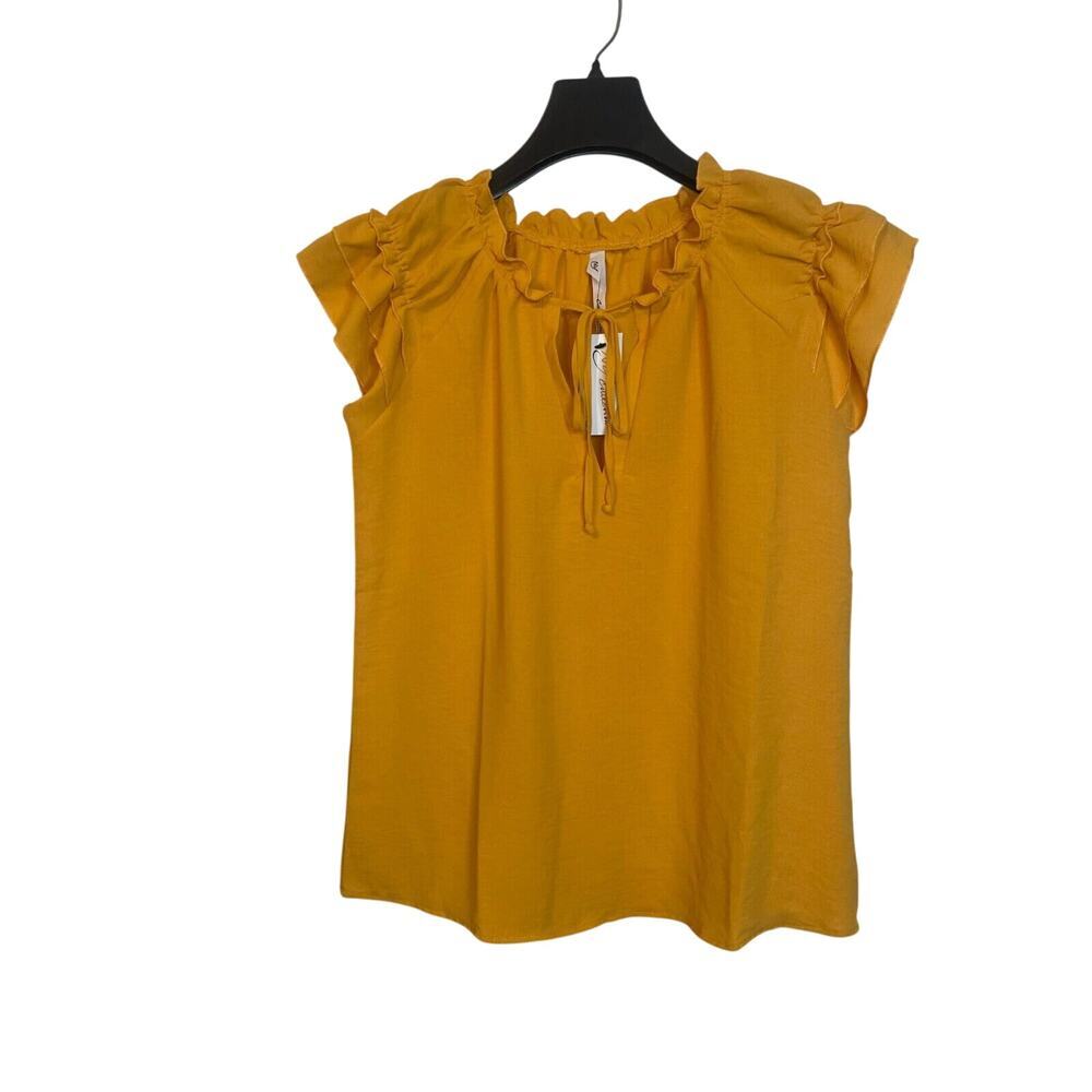 NY Collection Womens Ruffle Tie Neck Tiered Short Sleeve Blouse Size S Yellow